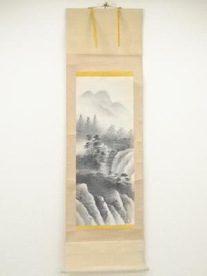 秀峰筆　水墨山水　肉筆絹本掛軸